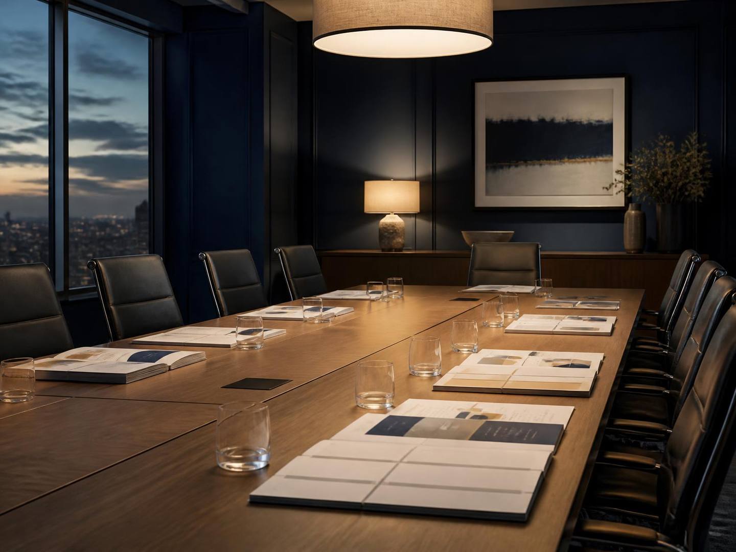 Boardroom prepared for a programme gate review with printed assurance packs